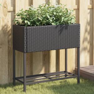 Fekete polyrattan kerti ültetőláda polccal