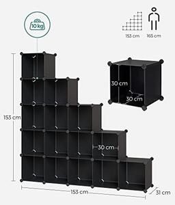 Moduláris tárolókocka szett 15 db, műanyag, Songmics, fekete, 123x31x123 cm