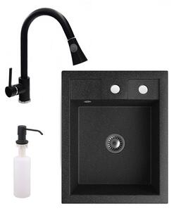Gránit mosogató NERO Parma + kihúzható zuhanyfejes Snake csaptelep + adagoló + szifon (fekete)