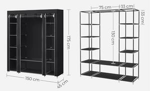 Szövet ruhatároló szekrény hordozható gardrób, fekete 150x45x175cm
