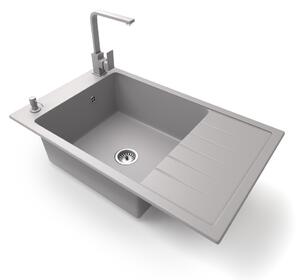 Gránit mosogató NERO Grande + kihúzható zuhanyfejes Shower csaptelep + dugókiemelő (szürke)