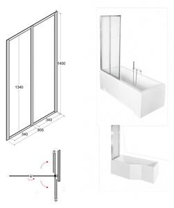 Besco INTEGRA 150/170 szögletes P-alakú akril zuhanykád 2 részes kihajtható kádparavánnal, lábbal