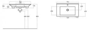 Sanovit ATRIA 75 cm széles fali, pultba és bútorba építhető szögletes kerámia mosdó