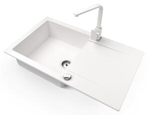 Gránit mosogató NERO Gold + kihúzható zuhanyfejes Linea csaptelep + dugókiemelő (fehér)