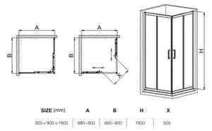 Diplon 90x90 cm szögletes két tolóajtós zuhanykabin, 5 mm edzett áttetsző üveggel, 190 cm magas