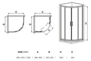 Diplon 90x90 cm íves két tolóajtós zuhanykabin 5 mm edzett matt üveggel, 190 cm magas