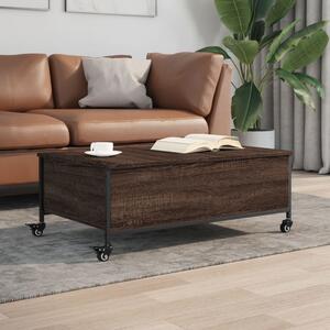 Barna tölgy szerelt fa dohányzóasztal kerekekkel 91x55x34 cm