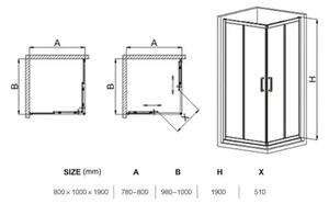 Diplon 100x80 cm aszimmetrikus szögletes két tolóajtós zuhanykabin, 5 mm edzett szürke üveggel, 190 cm magas