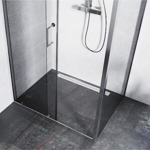 Mexen Apia 120x80 aszimmetrikus szögletes tolóajtós zuhanykabin 5 mm vastag vízlepergető biztonsági üveggel, krómozott elemekkel, 190 cm magas