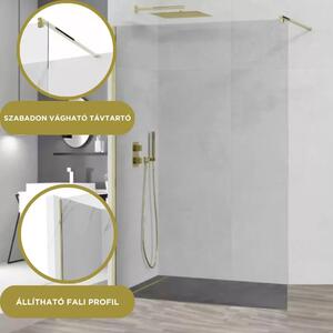 Arlo Gold Walk-In Nano több méretben, univerzális zuhanyfal 8 mm vastag vízlepergető biztonsági üveggel, arany színű, 200 cm magas