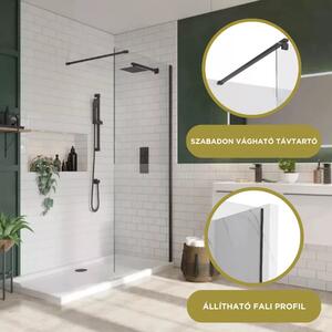 Arlo Black Walk-In Nano több méretben, univerzális zuhanyfal 8 mm vastag vízlepergető biztonsági üveggel, fekete színű, 200 cm magas
