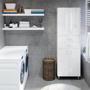 STANDARD 60 cm széles polcos álló fürdőszobai magas szekrény, fényes fehér, króm kiegészítőkkel, 4 ajtóval és 2 fiókkal