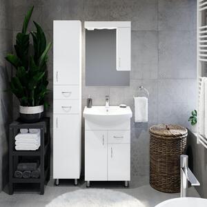 STANDARD 55 cm széles álló fürdőszobai mosdószekrény, fényes fehér, króm kiegészítőkkel, 2 ajtóval és 1 fiókkal, íves kerámia mosdóval