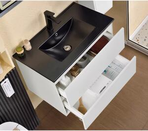 Hongkong White 80 komplett fürdőszoba bútor szett fali mosdószekrénnyel, fekete mosdóval, tükörrel és magas szekrénnyel