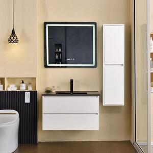 Hongkong White 80 komplett fürdőszoba bútor szett fali mosdószekrénnyel, fekete mosdóval, tükörrel és magas szekrénnyel