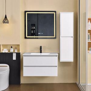 Hongkong White 80 komplett fürdőszoba bútor szett fali mosdószekrénnyel, kerámia mosdóval, tükörrel és magas szekrénnyel