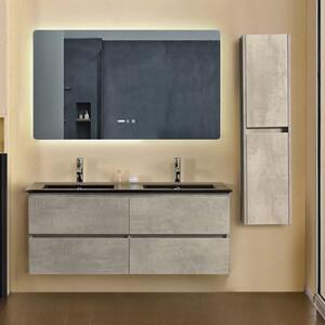Hongkong Duo Loft Beton 120 komplett fürdőszoba bútor szett fali mosdószekrénnyel, fekete dupla mosdóval, tükörrel, szekrénnyel
