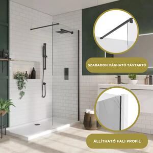 HD Arlo Black Walk-In zuhanyfal, 90x200 cm, 8 mm vastag vízlepergető biztonsági üveggel, 200 cm magas, fekete profillal és távtartóval