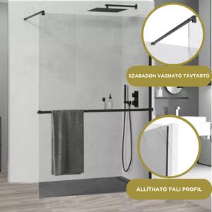 HD Arlo+ Black Walk-In zuhanyfal 8 mm vastag vízlepergető biztonsági üveggel, 200 cm magas, fekete profillal és távtartóval