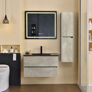 HD HongKong Loft Beton 80 komplett fürdőszoba bútor szett fali mosdószekrénnyel, fekete slim mosdóval, tükörrel és magas szekrénnyel