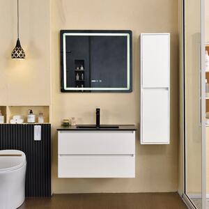 HongKong White 80 komplett fürdőszoba bútor szett fali mosdószekrénnyel, fekete slim mosdóval, tükörrel és magas szekrénnyel