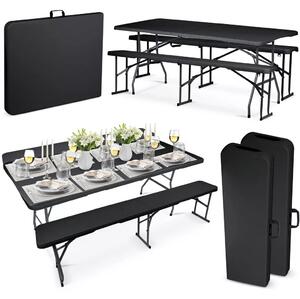 Sörpad szett, Plonos, fekete, 180 cm, acél keret, HDPE műanyag felület, összecsukható, 3 db, asztal és 2 pad
