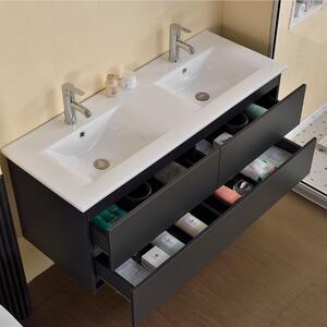 Hongkong Duo Antracit 120 komplett fürdőszoba bútor szett fali mosdószekrénnyel, dupla kerámia mosdóval, tükörrel és magas szekrénnyel