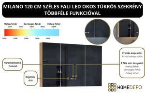 Milano 120 cm széles fali LED okos tükrös szekrény ambient világítással, érintőkapcsolóval, digitális órával és páramentesítő funkcióval