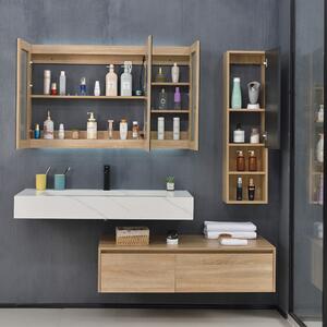 HD Toronto 120 exclusive komplett fürdőszoba bútor szett mosdószekrénnyel márványmintás mosdópulttal, tükrös szekrénnyel és magas szekrénnyel