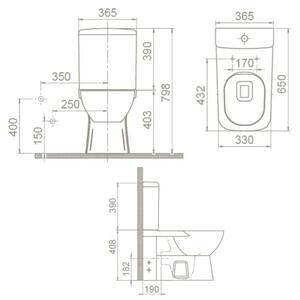 Duru perem nélküli mély öblítésű monoblokkos WC tetővel, öblítőszeleppel + tartály