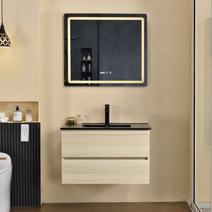 HongKong Sonoma 80 komplett fürdőszoba bútor fali mosdószekrénnyel, fekete slim mosdóval és tükörrel
