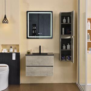 HongKong Loft Beton 60 komplett fürdőszoba bútor szett fali mosdószekrénnyel, fekete slim mosdóval, tükörrel és magas szekrénnyel
