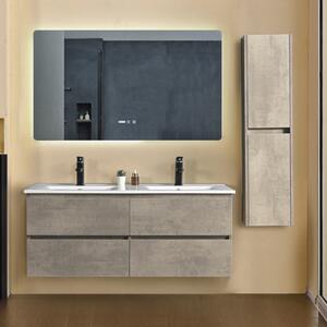 HD Hongkong Duo Loft Beton 120 komplett fürdőszoba bútor szett fali mosdószekrénnyel, dupla kerámia mosdóval, tükörrel és magas szekrénnyel