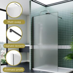 HD Arlo Matt Black Walk-In zuhanyfal, 80x200 cm, 8 mm vastag vízlepergető biztonsági matt üveggel, 200 cm magas, fekete profillal és távtartóval
