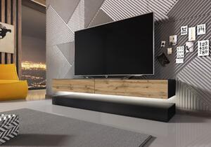 Fly TV szekrény, 140 cm-es tölgy/fekete, fehér LED hangulatvilágítással