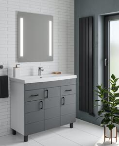 HD HÉRA 100 cm széles álló fürdőszobai mosdószekrény, sötét szürke, fekete kiegészítőkkel, 3 soft close ajtóval és 2 fiókkal, szögletes kerámia mosdóval
