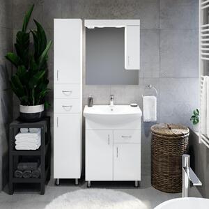 STANDARD 65 cm széles álló fürdőszobai mosdószekrény, fényes fehér, króm kiegészítőkkel, 2 ajtóval és 1 fiókkal, íves kerámia mosdóval