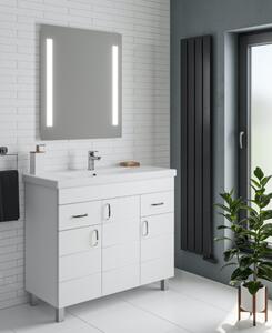 HÉRA 100 cm széles álló fürdőszobai mosdószekrény, fényes fehér, króm kiegészítőkkel, 3 soft close ajtóval és 2 fiókkal, szögletes kerámia mosdóval