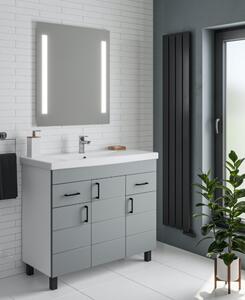 HÉRA 100 cm széles álló fürdőszobai mosdószekrény, világos szürke, fekete kiegészítőkkel, 3 soft close ajtóval és 2 fiókkal, szögletes kerámia mosdóval