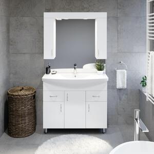 STANDARD 100 cm széles álló fürdőszobai mosdószekrény, fényes fehér, króm kiegészítőkkel, 3 ajtóval és 2 fiókkal, íves kerámia mosdóval