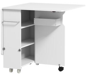 HOMCOM Összecsukható asztal, Görgős asztal, Összecsukható asztal tárolódobozzal, 3-szintes polcok és állvány, 130x80x76,5 cm, Fehér