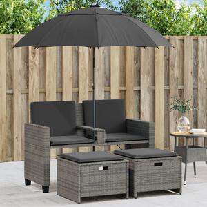 2 személyes szürke polyrattan kerti kanapé napernyővel/székkel