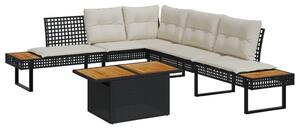2 részes fekete polyrattan/akácfa kerti kanapészett párnákkal