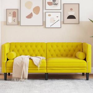 2 személyes sárga bársony Chesterfield kanapé hengerpárnákkal