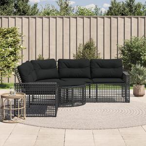 L-alakú fekete polyrattan kerti kanapé párnával és lábtartóval