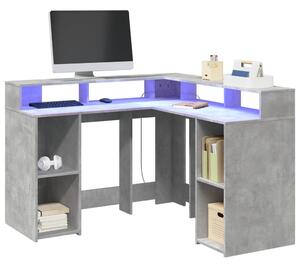 Betonszürke szerelt fa íróasztal LED-világítással 130x130x91 cm