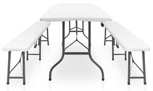VidaXL fehér HDPE és acél összecsukható kerti asztal 2 paddal 180 cm