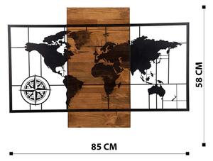 World Map Wıth Compass Fa fali dekoráció 85x58 Fekete-Dió