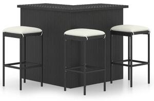 4 részes fekete polyrattan kerti bárszett párnával