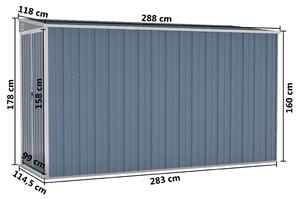 VidaXL szürke acél falhoz erősíthető kerti fészer 118 x 288 x 178 cm